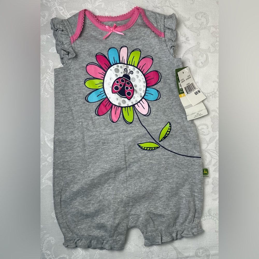 John Deere Gray Romper with Colorful Flower & Ladybug